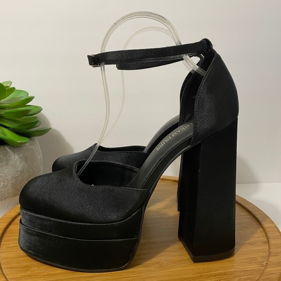 Dream Pairs Black Satin Platform Ankle Strap Block Heel Party Shoe Women's 9 - Picture 1 of 10